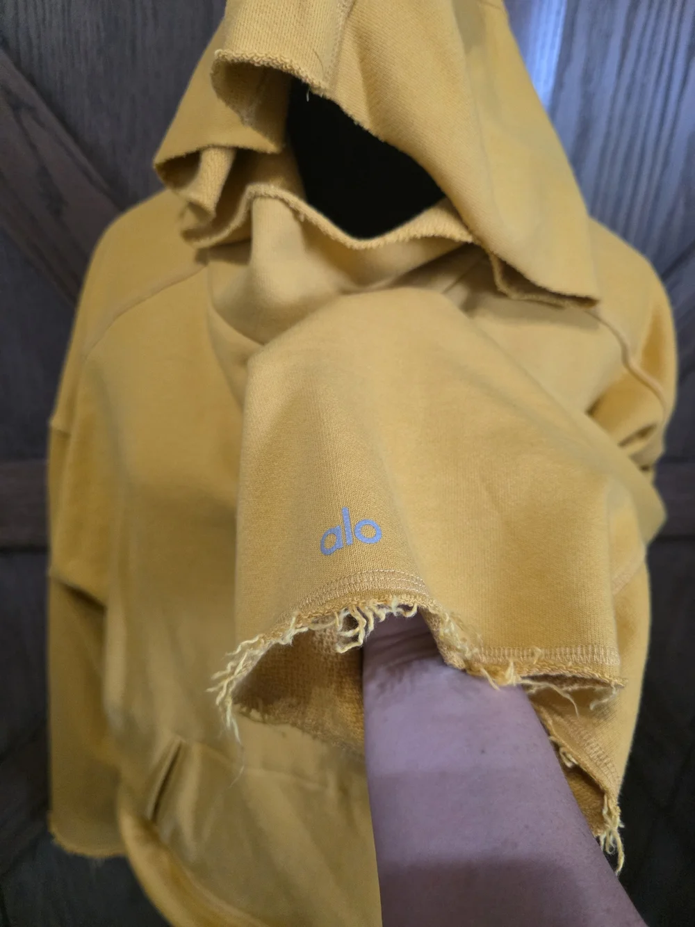 ALO Yoga Mustard Yellow Raw-Edge Hooded Sweatshirt